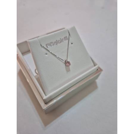 COLLANA Punto Luce QUARZO ROSA Tondo E DIAMANTE Oro Bianco 18 Kt 750% PGGIOIELLI