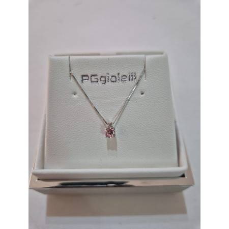 COLLANA Punto Luce QUARZO ROSA Tondo E DIAMANTE Oro Bianco 18 Kt 750% PGGIOIELLI