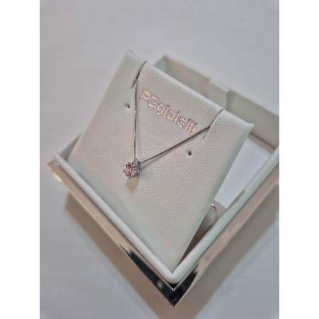 COLLANA Punto Luce QUARZO ROSA Tondo E DIAMANTE Oro Bianco 18 Kt 750% PGGIOIELLI