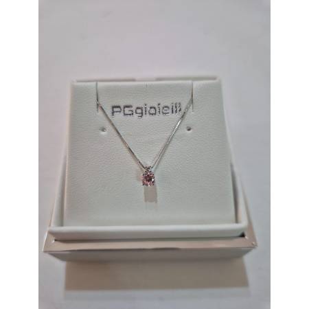 COLLANA Punto Luce QUARZO ROSA Tondo E DIAMANTE Oro Bianco 18 Kt 750% PGGIOIELLI