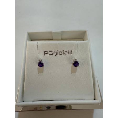 ORECCHINI PG GIOIELLI AMETISTA Tondo Con DIAMANTI Oro Bianco 18 Karati 750%