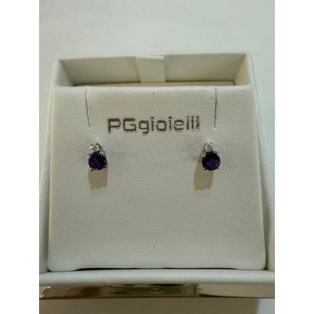ORECCHINI PG GIOIELLI AMETISTA Tondo Con DIAMANTI Oro Bianco 18 Karati 750%