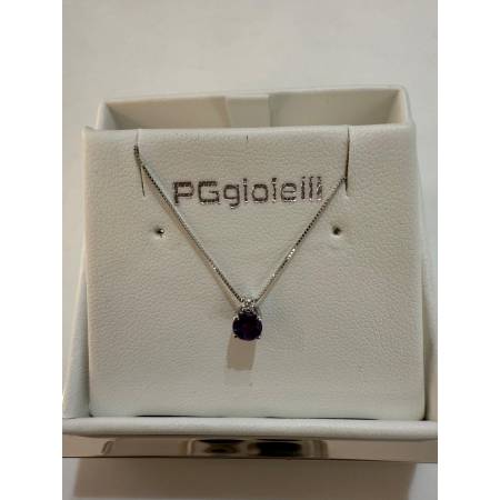 COLLANA Punto Luce AMETISTA Tondo E DIAMANTE Oro Bianco 18 Kt 750% PG GIOIELLI