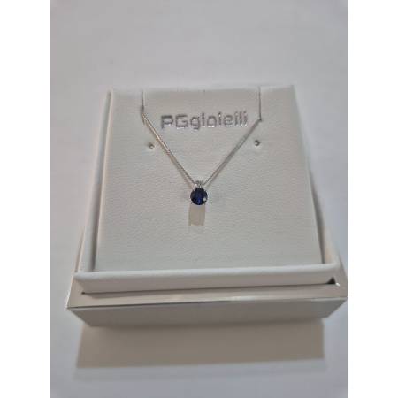 COLLANA Punto Luce ZAFFIRO BLU Tondo DIAMANTE Oro Bianco 18 Kt 750% PG GIOIELLI