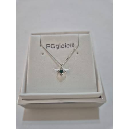 COLLANA SMERALDO Tondo E DIAMANTI In Oro Bianco 18 Karati 750% PG GIOIELLI