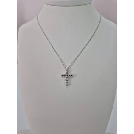 COLLANA CROCE ORO BIANCO 18 Kt 750 Ciondolo ZAFFIRI Blu Catena Veneziana PG Gioielli