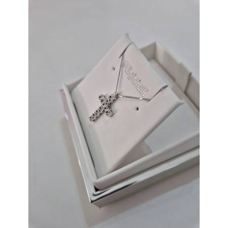 COLLANA CROCE ORO BIANCO 18 Kt 750 Ciondolo ZAFFIRI Blu Catena Veneziana PG Gioielli