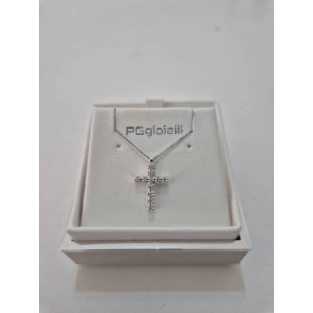 COLLANA CROCE ORO BIANCO 18 Kt 750 Con DIAMANTI BIANCHI Catena Veneziana PG Gioielli