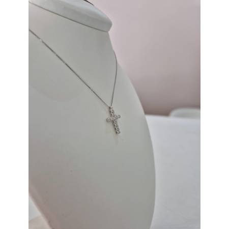 COLLANA CROCE ORO BIANCO 18 Kt 750 Con DIAMANTI BIANCHI Catena Veneziana PG Gioielli