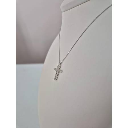 COLLANA CROCE ORO BIANCO 18 Kt 750 Con DIAMANTI BIANCHI Catena Veneziana PG Gioielli