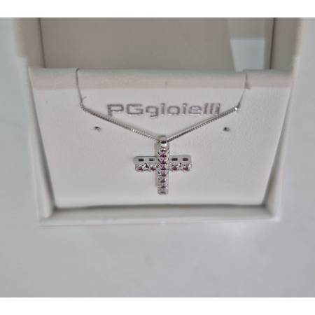 COLLANA CROCE ORO BIANCO 18 Karati 750% Con RUBINI Catena Veneziana PG Gioielli