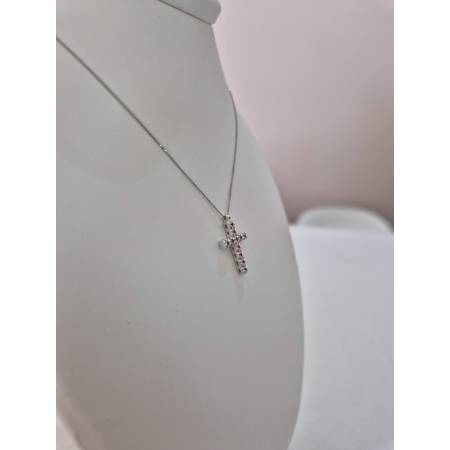 COLLANA CROCE ORO BIANCO 18 Karati 750% Con RUBINI Catena Veneziana PG Gioielli