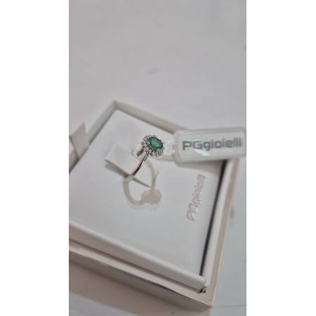 ANELLO Con SMERALDO E DIAMANTI ORO BIANCO 18 KARATI 750% PG Gioielli Solitario