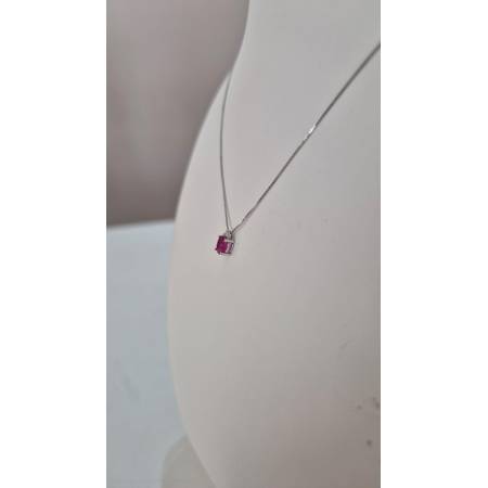 COLLANA RUBINO Ovale E DIAMANTE KIOTO Oro Bianco 9 Karati 375% Catena Veneziana