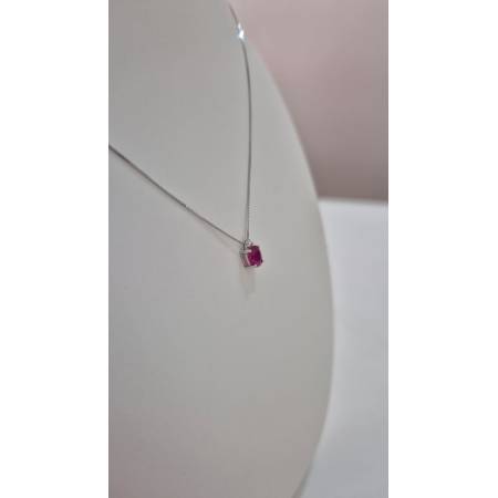 COLLANA RUBINO Ovale E DIAMANTE KIOTO Oro Bianco 9 Karati 375% Catena Veneziana