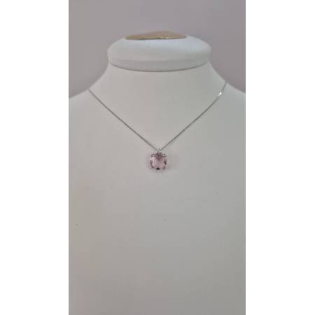 COLLANA KIOTO QUARZO ROSA E DIAMANTE Oro Bianco 9 Karati 375% Catena Veneziana
