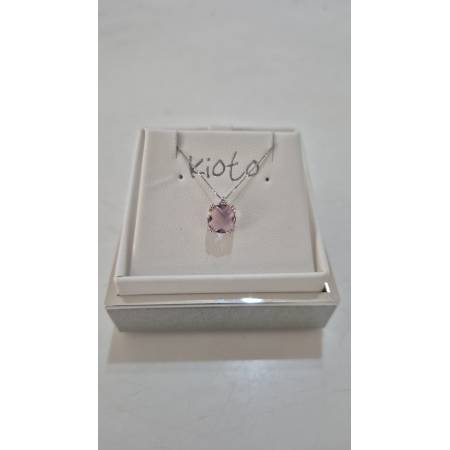 COLLANA KIOTO QUARZO ROSA E DIAMANTE Oro Bianco 9 Karati 375% Catena Veneziana
