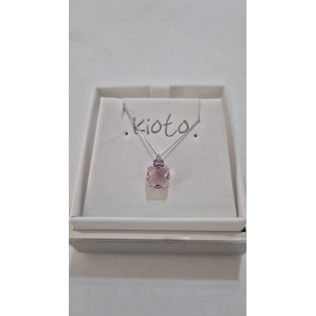 COLLANA KIOTO QUARZO ROSA E DIAMANTE Oro Bianco 9 Karati 375% Catena Veneziana