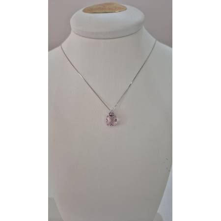 COLLANA KIOTO QUARZO ROSA E DIAMANTE Oro Bianco 9 Karati 375% Catena Veneziana