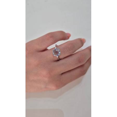 ANELLO KIOTO Solitario Con QUARZO AZZURRO E DIAMANTI In Oro Bianco 9 Karati 375%