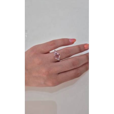 ANELLO KIOTO Solitario QUARZO ROSA E DIAMANTI Bianchi Oro Bianco 9 Karati 375%