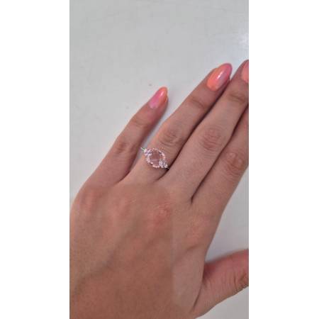 ANELLO KIOTO Solitario QUARZO ROSA E DIAMANTI Bianchi Oro Bianco 9 Karati 375%