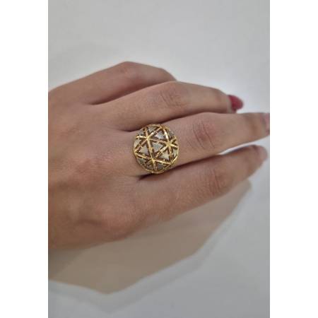 ANELLO Donna ORO Bicolore 18 Karati 750% GIALLO E BIANCO Lavorato E Sfaccettato