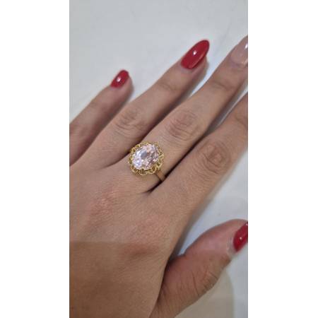 ANELLO Donna ORO GIALLO 18 Karati 750% Lavorato Fiore Con Zircone Rosa Centrale