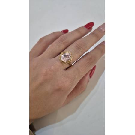 ANELLO Donna ORO GIALLO 18 Karati 750% Lavorato Fiore Con Zircone Rosa Centrale