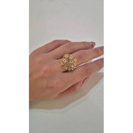 ANELLO Donna ORO Bicolore 18 Karati 750% GIALLO E BIANCO Lavorato E Sfaccettato