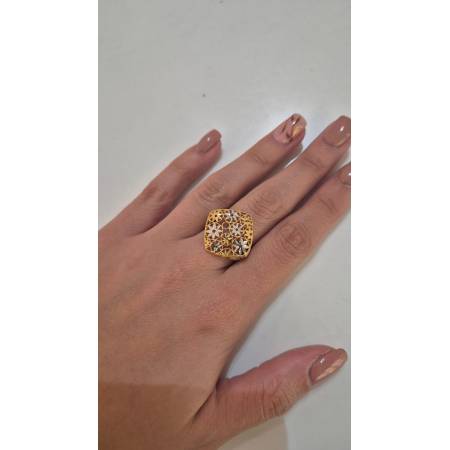 ANELLO Donna ORO Bicolore 18 Karati 750% GIALLO E BIANCO Lavorato E Sfaccettato