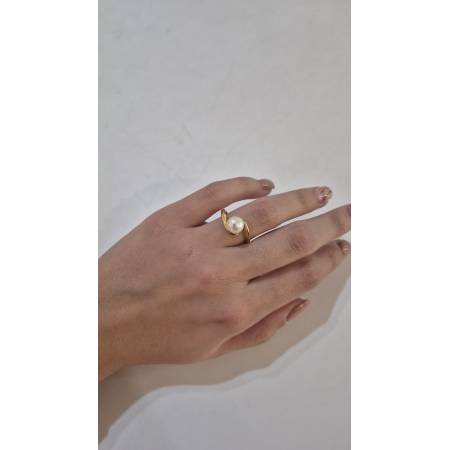 ANELLO Intreccio Donna Con PERLA Bianca Acqua Dolce In ORO GIALLO 18 Karati 750%
