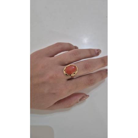 ANELLO Da Donna Con Pietra CORALLO ROSSO Ovale In ORO GIALLO 18 Karati 750/1000