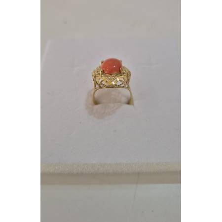 ANELLO Da Donna Con Pietra CORALLO ROSSO Ovale In ORO GIALLO 18 Karati 750/1000