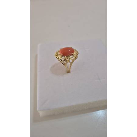 ANELLO Da Donna Con Pietra CORALLO ROSSO Ovale In ORO GIALLO 18 Karati 750/1000