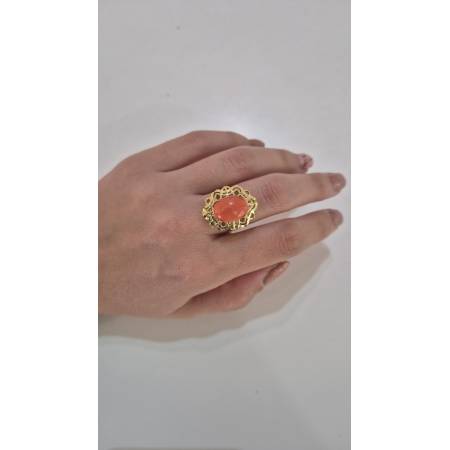 ANELLO Da Donna Con Pietra CORALLO ROSSO Ovale In ORO GIALLO 18 Karati 750/1000
