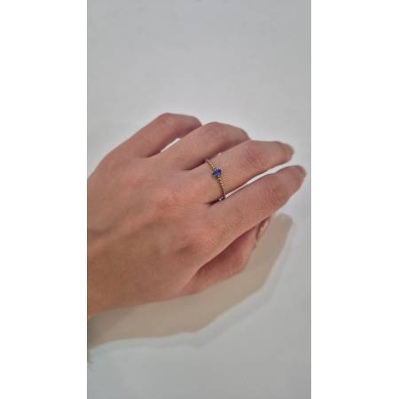 ANELLO Donna ORO GIALLO 18 Karati 750% Con Zircone Blu Centrale Baguette E Sfere