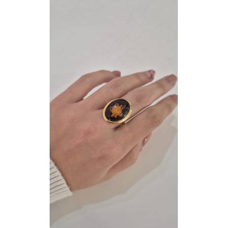 ANELLO Da Donna Cammeo In AMBRA Scura Incisa Con Rosa ORO GIALLO 18 Karati 750%