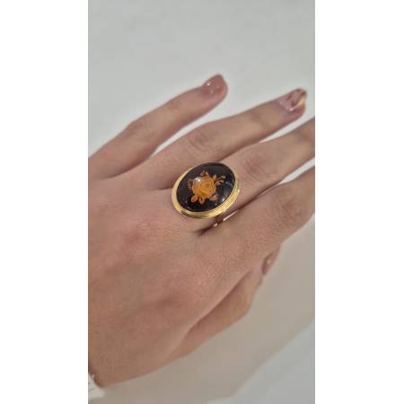 ANELLO Da Donna Cammeo In AMBRA Scura Incisa Con Rosa ORO GIALLO 18 Karati 750%
