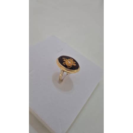 ANELLO Da Donna Cammeo In AMBRA Scura Incisa Con Rosa ORO GIALLO 18 Karati 750%