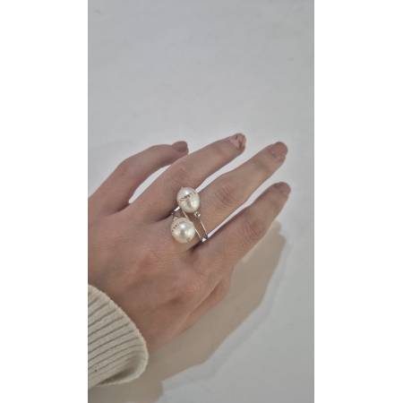 ANELLO Da Donna In ORO BIANCO 18 Karati 750% Con Due Perle Acqua Dolce E Zirconi