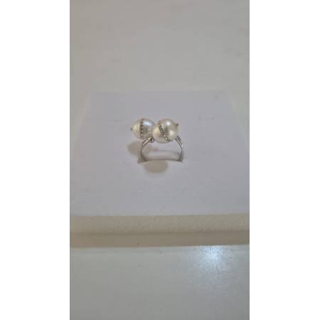 ANELLO Da Donna In ORO BIANCO 18 Karati 750% Con Due Perle Acqua Dolce E Zirconi