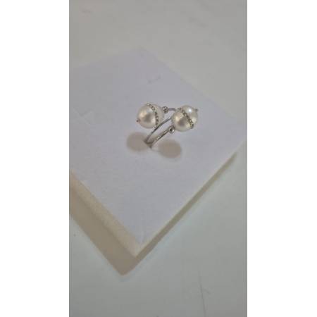 ANELLO Da Donna In ORO BIANCO 18 Karati 750% Con Due Perle Acqua Dolce E Zirconi