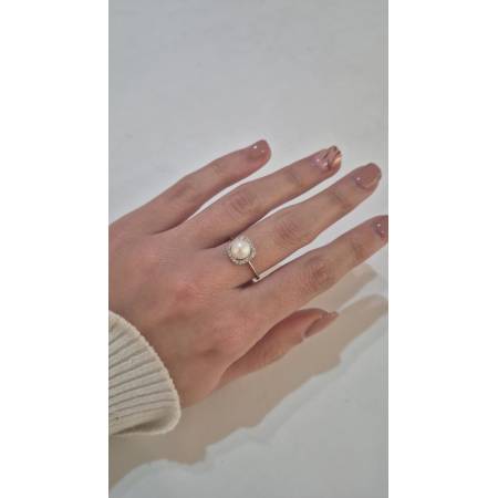 ANELLO Da Donna In ORO BIANCO 18 Karati 750% Con Perla Di Acqua Dolce E Zirconi