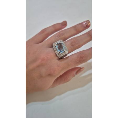 ANELLO Donna In ORO BIANCO 18 Karati 750% Con Zirconi Pietra Azzurra Squadrata