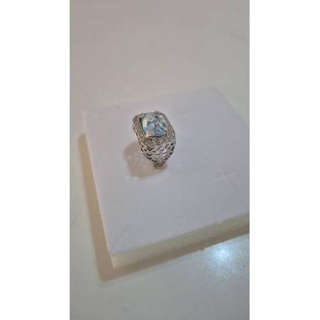 ANELLO Donna In ORO BIANCO 18 Karati 750% Con Zirconi Pietra Azzurra Squadrata