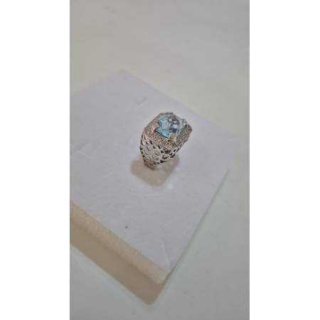 ANELLO Donna In ORO BIANCO 18 Karati 750% Con Zirconi Pietra Azzurra Squadrata