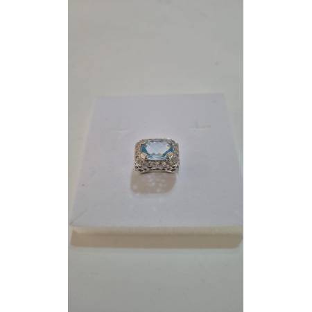 ANELLO Donna In ORO BIANCO 18 Karati 750% Con Zirconi Pietra Azzurra Squadrata