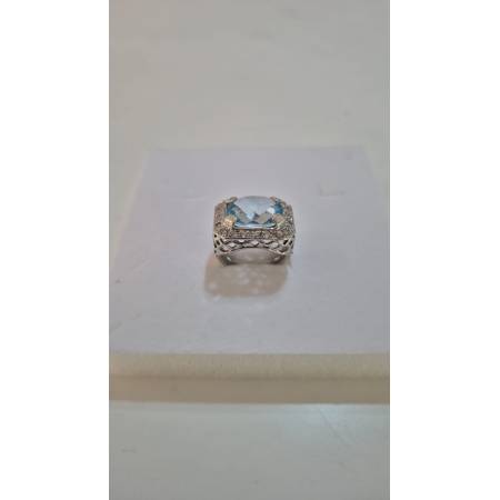 ANELLO Donna In ORO BIANCO 18 Karati 750% Con Zirconi Pietra Azzurra Squadrata