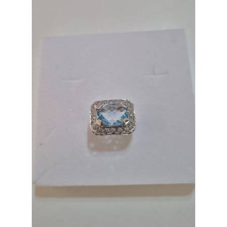 ANELLO Donna In ORO BIANCO 18 Karati 750% Con Zirconi Pietra Azzurra Squadrata